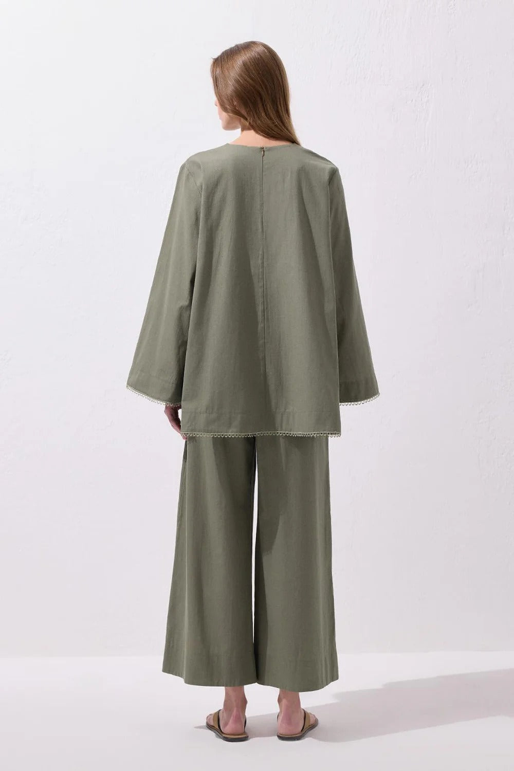 Faye Lace Linen Blouse and Trousers Set Sage Green