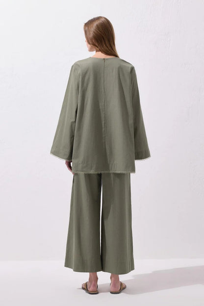 Faye Lace Linen Blouse and Trousers Set Sage Green