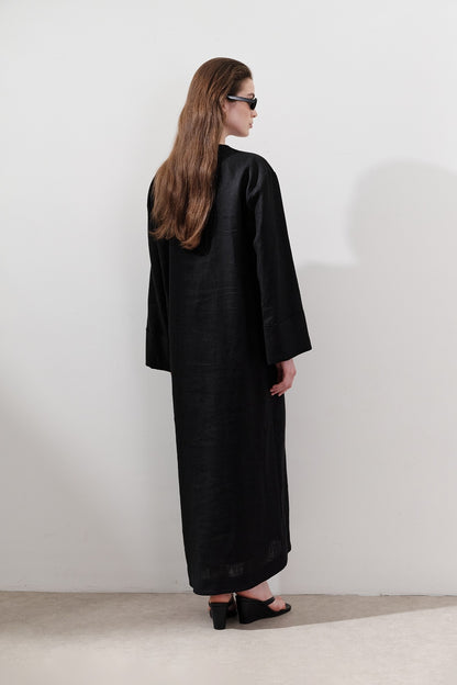 LINEN DRESS WITH TIE DETAILS BLACK