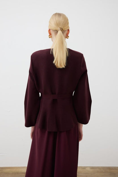 VERA STEEL KNITTED PEPLUM CARDIGAN CLARET RED