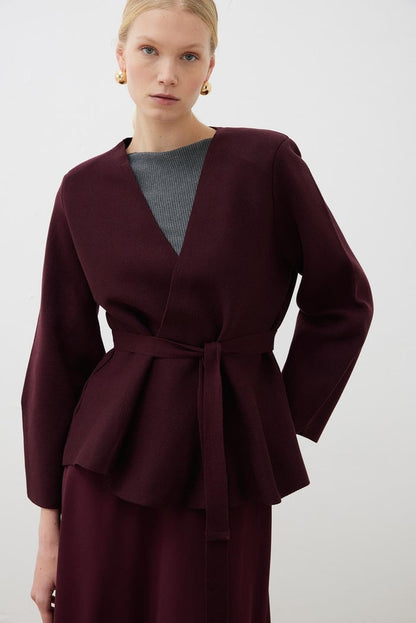 VERA STEEL KNITTED PEPLUM CARDIGAN CLARET RED