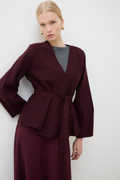 VERA STEEL KNITTED PEPLUM CARDIGAN CLARET RED