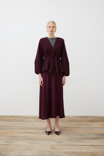 VERA STEEL KNITTED PEPLUM CARDIGAN CLARET RED