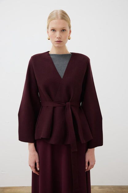 VERA STEEL KNITTED PEPLUM CARDIGAN CLARET RED